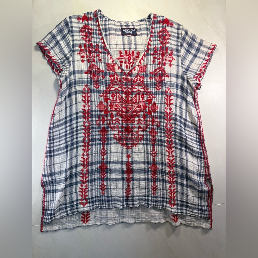 Johnny Was Workshop Embroidered Plaid Top | Red Blue Boho Tunic | Size M - Picture 4 of 7